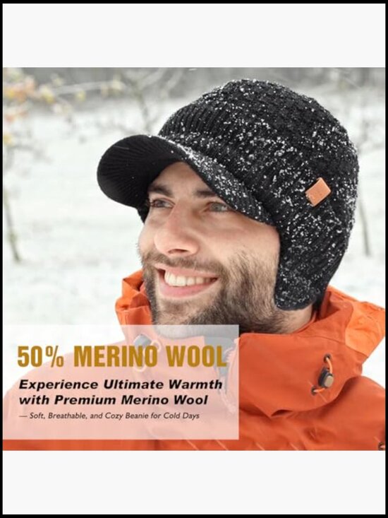 Merino Wool Brim Beanie with Ear Flaps Fleece Lined  display picture 1